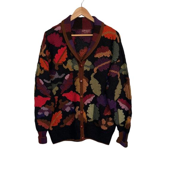 Earth Tones Santa Fe Art To Wear Fall Leaves Acorns Alpaca Cardigan Sweater XL - Picture 1 of 14